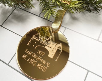 Narragansett Rhode Island The Towers Christmas Tree Acrylic Gold Mirror Ornament Just Married First Christmas