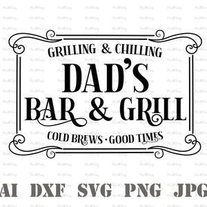 Dad&#39;s Bar And Grill Svg-BBQ Svg-Fathers Day Svg-BBQ Apron Svg-Funny Fathers Day Gift Svg-Funny Apron Svg-Funny Pot Holder Svg-4th Of July