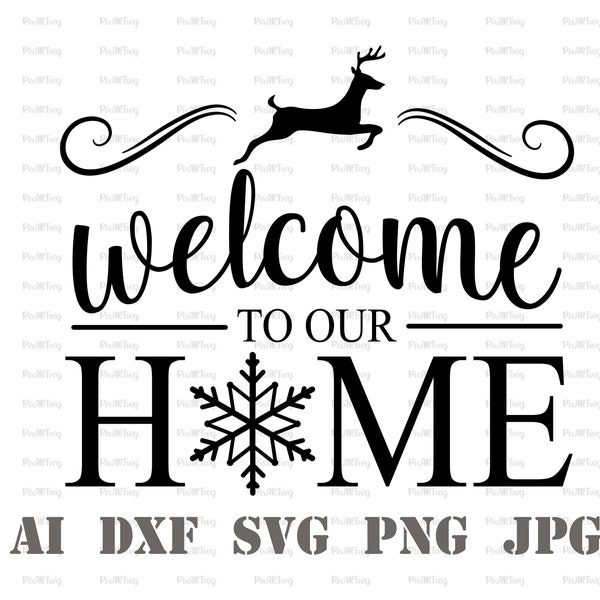 Welcome To Our Home Svg-Christmas Door Sign Svg-Our Home Svg-Hello Winter Svg-Merry Christmas Svg-Vintage Christmas Sign Svg-Reindeer Svg