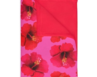 Hibiscus pink Velveteen Minky Blanket (Imprimé recto verso)