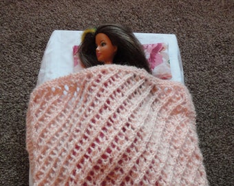 Hand Knitted Barbie Doll’s Pink Heart Throw/Cover & Pillow for Barbies Bed 