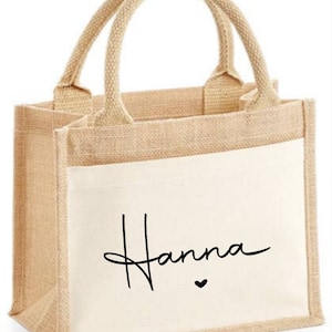 Kleine Jute-Tasche mit Einsteckfach mit deinem Wunschname, personalisierte Tasche für viele Überraschungen, Geschenkidee Geburtstag