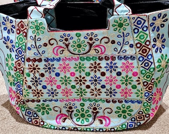 Boho Banjara Embroidered Tote Bag: Turquoise, Ethnic Fabric