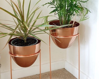 Set of 2 Decorative Indoor Metallic Rose Gold Planter Pots with Golden Stands