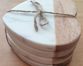 Colección de posavasos de mármol para regalo de San Valentín l Posavasos individual l Corazón, redondo, hoja, cuadrado, flor l Posavasos de piedra, concha de madera l Regalos para ella