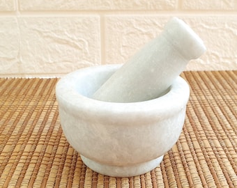 White Marble Stone Pestle and Mortar Set l Garlic Ginger Crusher. Spice Grinder, Pesto Masher and Herbs Blender l Kitchenware