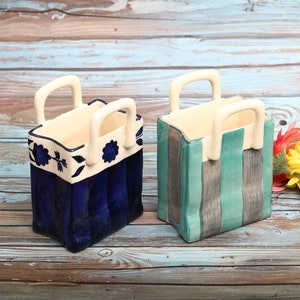 Boho Ceramic Chic Purse HandBag | Flower Vase | Pen Holder | Toothbrush, Make up brush or Cutlery holder | Gifts for Her l Blue & Turquoise
