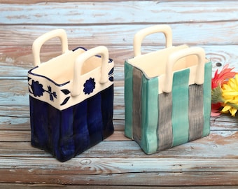 Boho Ceramic Chic Purse HandBag | Flower Vase | Pen Holder | Toothbrush, Make up brush or Cutlery holder | Gifts for Her l Blue & Turquoise