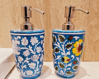 Elegant Blue Pottery floral Hand painted Handwash Soap Dispenser | Bathroom Accessory | Turquoise & Yellow l 7" Height, 325ml