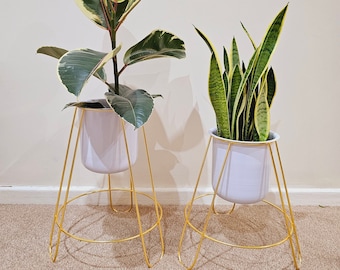 Set of 2 Pearl White Planters + Golden Stands l Indoor Metallic Planter Pot and Tripod Stand Set l Dia 6.5"x H13" & 16" stands