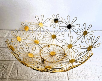 Boho Decorative Golden Daisy Flower Fruit bowl l Large Metal floral Basket l Kitchen & Table Decor l Party Centrepiece l Dia 13&quot; x H5&quot;