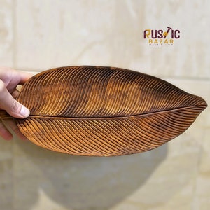 Long Hand Carved Leaf tray with stem handle l Mango Wood 15" Walnut colour l Light Party Platter Serving Tray | Japanese Canna leaf design