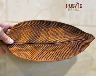 Long Hand Carved Leaf tray with stem handle l Mango Wood 15&quot; Walnut colour l Light Party Platter Serving Tray | Japanese Canna leaf design