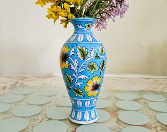 Elegant floral hand painted Flower Pot vase | Blue Pottery | Home Decor | 6" Height, 3 colours | Anniversary Gifting | Rusticbazar.com