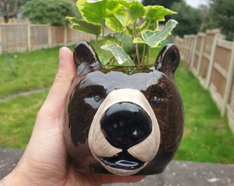Grizzly Bear Ceramic planter pot with handle | Quirky Animal planter l Dark Brown 4.5" high l Bonsai and Succulent planter pot l Kids gift