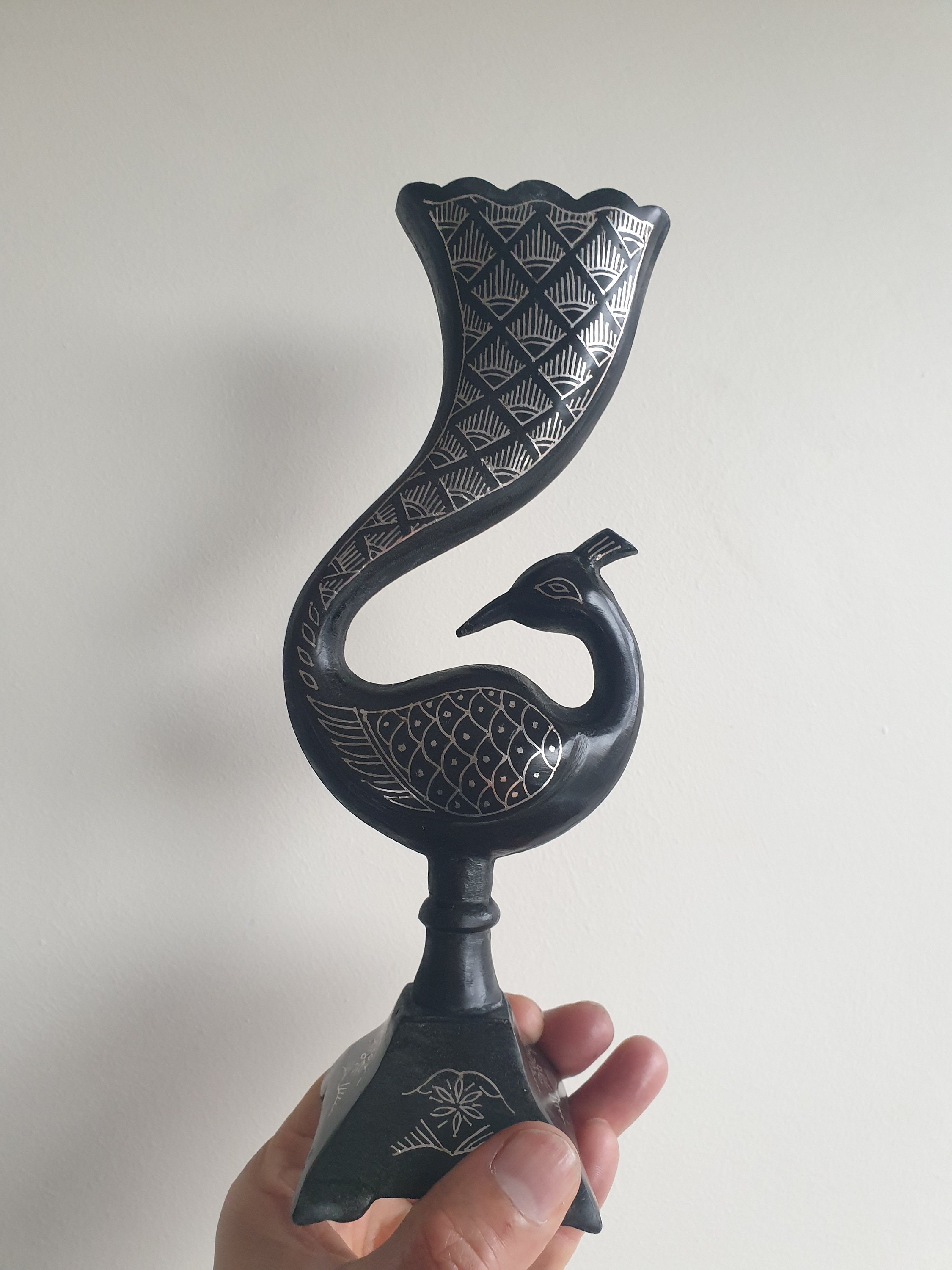 Exquisite Peacock Silver Inlay Bidriware Metal Flower Vase L Home Decor 