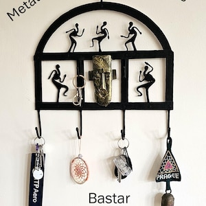 Tribal golden mask Metal coat hook rack | Key holder pegs hanger| Decorative wall hanging | Hallway | 13&quot; high Indian craft | Rustic Bazar