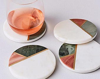 LAST ONE LEFT | Set of 4 Natural White Marble and two stones with brass inlay Coasters l Drinks & Barware | Gifting l Rusticbazar.com