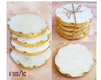 Gold Edge Marble Coaster Set | Elegant White Stone Drinks Coasters