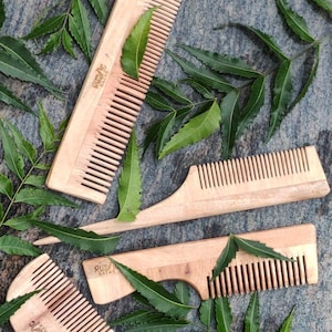 100% Natural Neem Wood Combs | Set of 5 Combs l For Men, Women & kids l Rat tail, Beard, Multi teeth, Broad Handle, Kids comb l Rustic Bazar