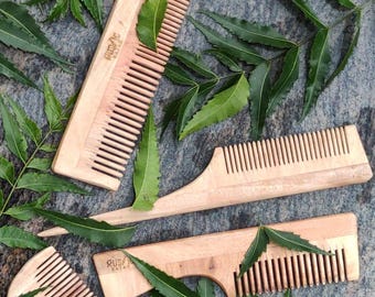 100% Natural Neem Wood Combs | Set of 5 Combs l For Men, Women & kids l Rat tail, Beard, Multi teeth, Broad Handle, Kids comb l Rustic Bazar