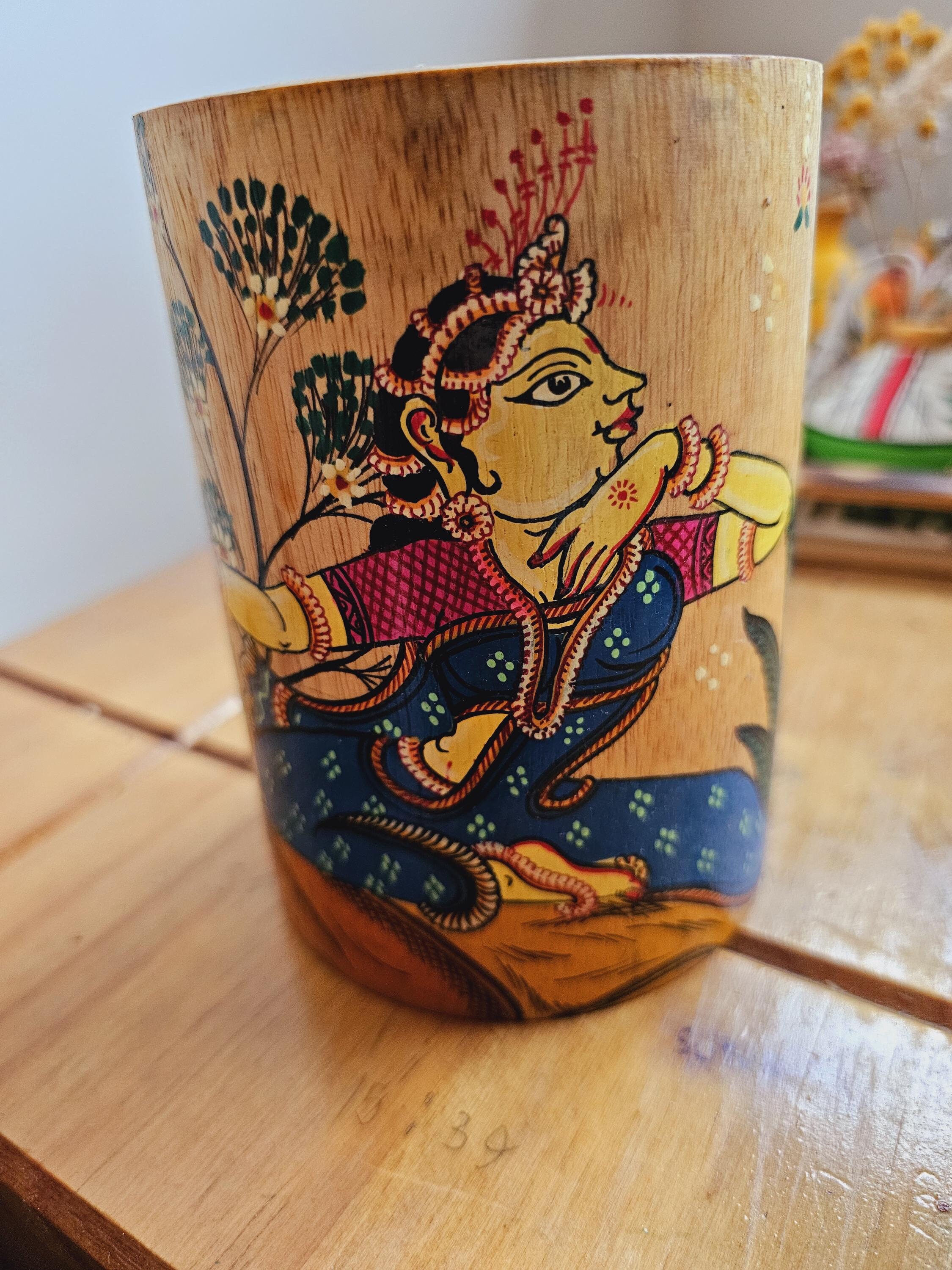Rare Odisha Pattachitra Art Mango Wood Holder l Hand painted l Tooth Brush, Pen, Make up Brush & Cutlery holder l Gift for Mom l D9x13cm