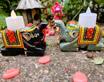 Set of 2 Colourful Hand carved Wooden Elephant Statue with flameless LED Tea lights l Home decor l Olive & Black l Indian Craft Banaras Toys