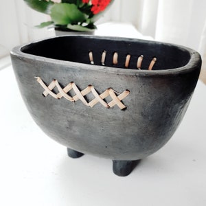 Black Stone Longpi Pottery pot | Rustic Handmade pot | Planter, Cutlery holder Pot with 4 legs | 4" High | Indian Tribal craft