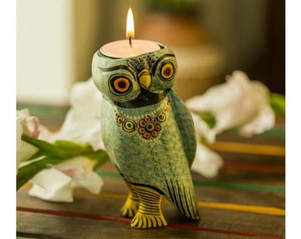 Handpainted Wooden Owl Tealight Holder, Banaras Toy