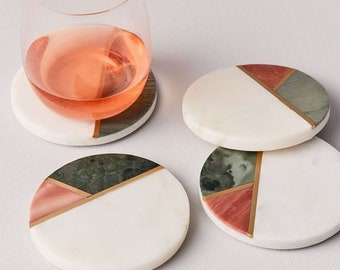 Last 2 Left l Natural White Marble and two stones with brass inlay Coaster Set | Set of 4 coasters | Drinks & Barware | Rusticbazar.com