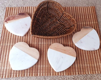 Set of 2 Lovely Valentine Heart Coaster l Natural White Marble and Mango Wood with scratch pads | Coffee Tea Wine Drinks | 4"x4" l Xmas Gift