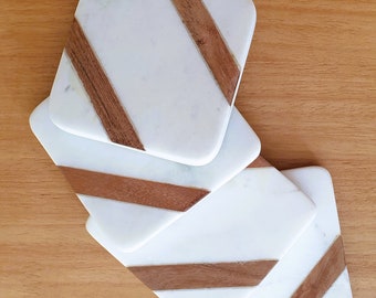 Geometric Marble and Wood Square Coasters with diagonal stripes l Coffee Tea Wine Drinks | 4"x4" l Table Decor l Anniversary Gift