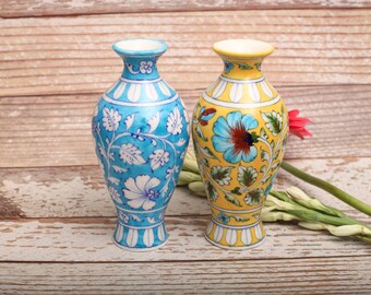 Elegant floral hand painted Flower Pot vase | Blue Pottery | Home Decor | 6" Height, 3 colours | Anniversary Gifting | Rusticbazar.com