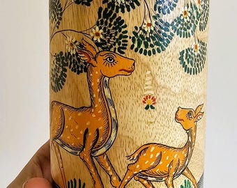 Mama Deer and Fawn Pattachitra Art Mango Wood Holder l Hand painted in Odisha l Tooth Brush, Pen & Cutlery holder l Gift for Mom l D9x13cm