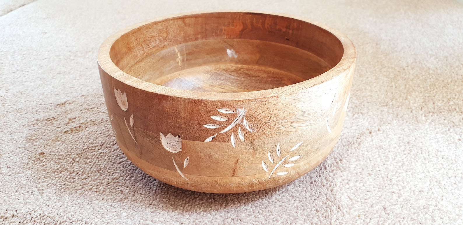 Hand carved Large 10" Party Serving Bowl | Mango Wood l White Flower & Leaf carving l Salads, Dry fruits, Snacks | D26xH11cm