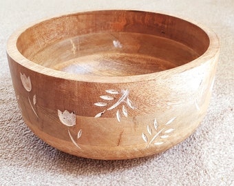 Floral Hand carved Large 10&quot; Decorative Party Serving Bowl l White Flower & Leaf carving l Salads, Dry fruits, Snacks | Mango Wood D26xH11cm