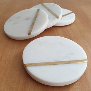 Classic White Marble with Golden strip Coaster Set of 4 l Round Coasters with bottom pad | Coffee Tea Wine Drinks | Dia 4&quot; | Gifting