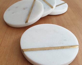 Classic White Marble with Golden strip Coaster Set of 4 l Round Coasters with bottom pad | Coffee Tea Wine Drinks | Dia 4" | Gifting