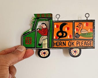 Iconic "Horn OK Please" l Indian Truck Art Wooden Fridge Magnet Wall Hanging l Banaras wood craft l Memorabilia Home Decor l L6"xH3.5"xTh1"