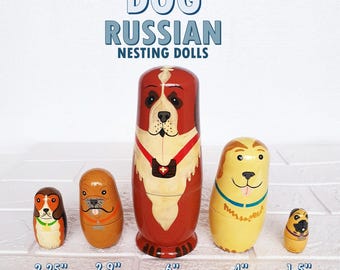 Wooden Pet Dog family Hand Painted nesting toy l Set of 5 dogs l Russian Matryoshka Doll l Children kids toy l Christmas Gift l 6" to 1.5"