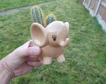 Cute Flappy Baby Elephant Ceramic Animal Planter pot | Green & Brown l 4" height | Succulent Cactus pot | Kids Gifting l Desk and Home Decor