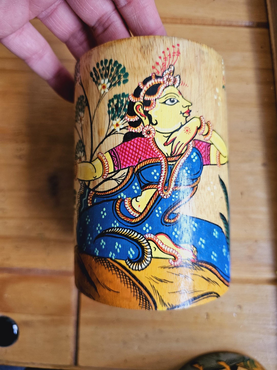 Rare Odisha Pattachitra Art Mango Wood Tumbler Container L Hand Painted ...