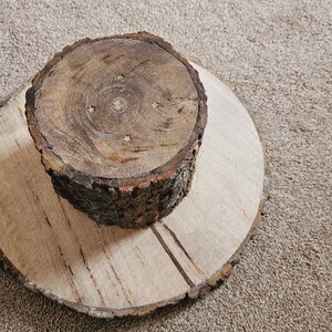Puede incluir: Un soporte para tartas de madera con un acabado de corteza natural. La parte superior es una rodaja redonda de madera con una textura rugosa. La parte inferior es una rodaja redonda de madera m&aacute;s grande con una textura m&aacute;s lisa.
