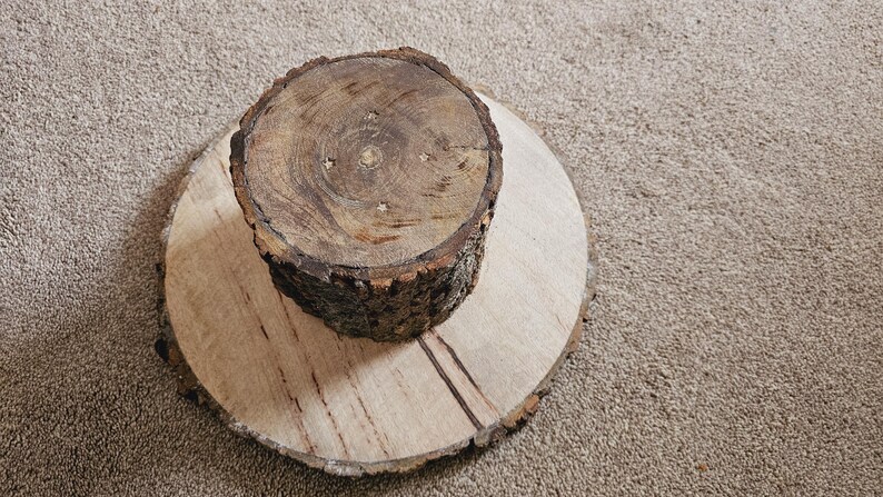 Puede incluir: Un soporte para tartas de madera con un acabado de corteza natural. La parte superior es una rodaja redonda de madera con una textura rugosa. La parte inferior es una rodaja redonda de madera m&aacute;s grande con una textura m&aacute;s lisa.