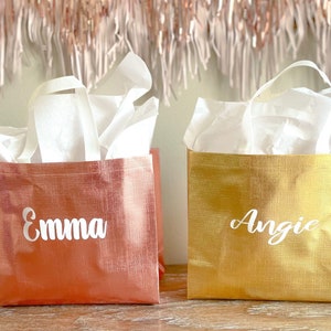 Rose Gold Personalized Gift Bag, Holographic Tote Bag, Bachelorette Party Welcome Bag, Custom Bridesmaid Gift Bag,  Swag Gift Bag With Name