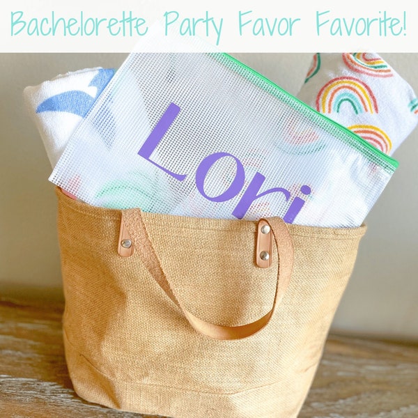Bachelorette Party Favor Custom Bag, Large Customized Waterproof Zippered Pouch, Monogram Bathing Suit Bag, Personalized Pool Bag Organizer