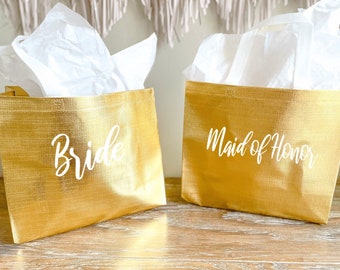 Gold Personalized Gift Bag, Holographic Tote Bag, Bachelorette Party Welcome Bag, Custom Bridesmaid Gift Bag, Swag Gift Bag With Name