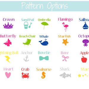 May include: A chart with 20 colorful icons representing different patterns. The icons include a crown, sand pail, umbrella, flamingo, sailboat, butterfly, beach chair, whale, starfish, octopus, lightning bolt, anchor, bowtie, bow, apple, heart, crab, seahorse, shark, and stars.