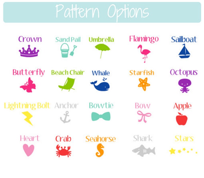 May include: A chart with 20 colorful icons representing different patterns. The icons include a crown, sand pail, umbrella, flamingo, sailboat, butterfly, beach chair, whale, starfish, octopus, lightning bolt, anchor, bowtie, bow, apple, heart, crab, seahorse, shark, and stars.