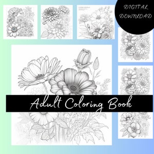 Printable Adult Coloring Book, Stress relief, Social Activities, Friends, Digital, Flowers, 10 flowers
